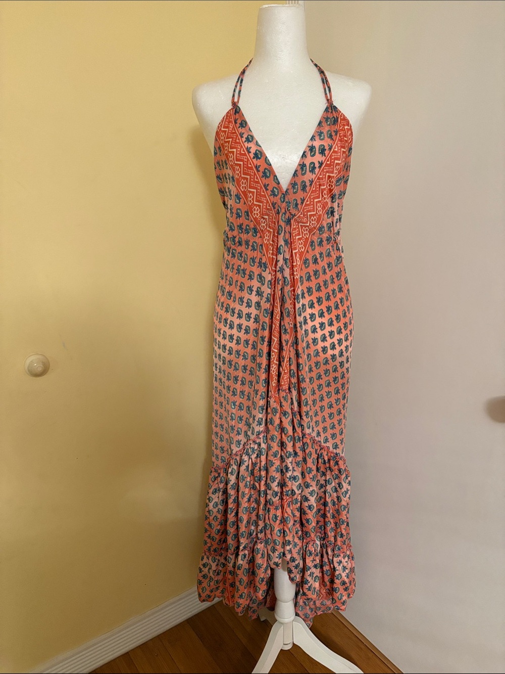 Bohemian V-Neck Halter Maxi Dress in Coral Print